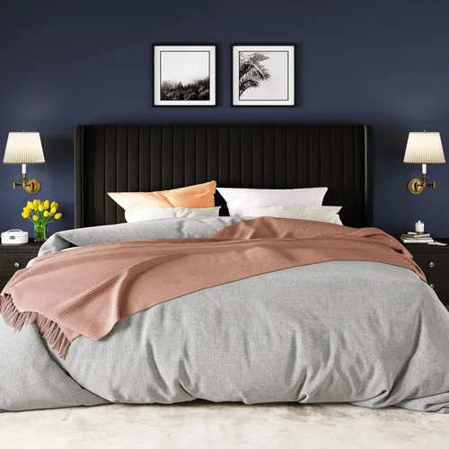 Miniatura 3 de Allewie - Base de cama tamaño King con cabecera acolchada en terciopelo y diseño acanalado vertical; plataforma de cama tapizada; listones de madera