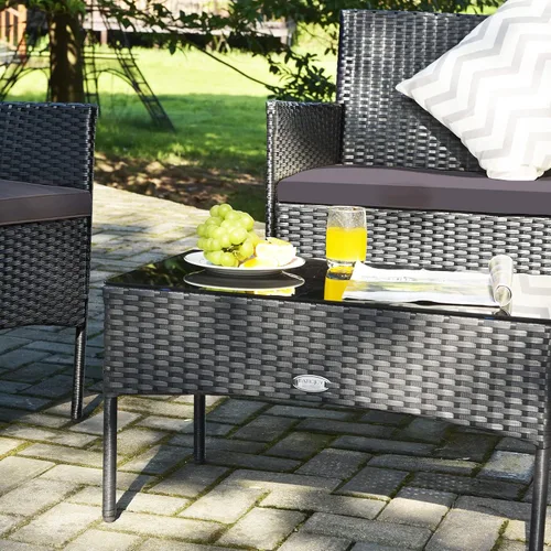 Miniatura 6 de Tangkula Juego de muebles de patio de 4 piezas, juego de conversación de mimbre para exteriores con mesa de vidrio templado, juego de sofá y sillas