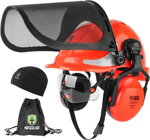 GREEN DEVIL Casco protector de seguridad para motosierra, casco forestal con visera integrada de malla, protector facial de malla, orejeras 4 en 1,