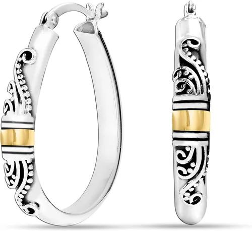 Miniatura 3 de LeCalla Aretes de aro de plata de ley 925 estilo Bali, ligeros, con cierre de clic, antiguos, de dos tonos, estilo italiano Bali, para mujer