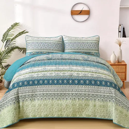 Miniatura 17 de WONGS BEDDING Juego de Colcha Morada Tamaño King, Juego de Colchas Bohemias a Rayas de 3 Piezas, Colcha Ligera de Microfibra para Todas las Púrpura