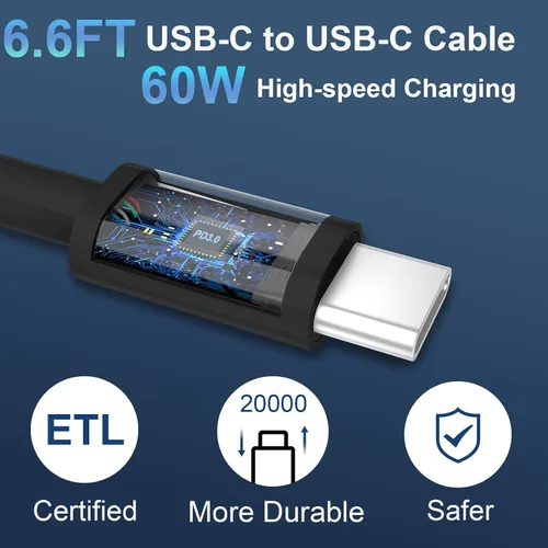 Miniatura 4 de Cargador para teléfono 15/16/17 Pro Max de carga rápida, bloque de carga USB C de doble puerto de 20 W con cable de carga USB C a C de 6.6 pies