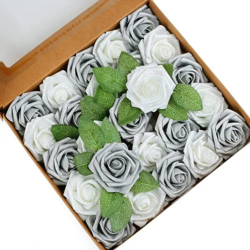 Miniatura 18 de Higfra Flores artificiales, 25 rosas falsas de espuma de aspecto real con tallos para ramos de boda, centros de mesa de despedida de soltera, Brillo