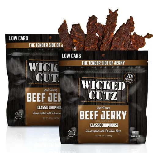 Miniatura 10 de Wicked Cutz BBQ Mesquite Beef Jerky, 21g de proteína por bolsa, alternativa tierna y fácil de masticar a los palitos de carne, bocadillos carnívoros