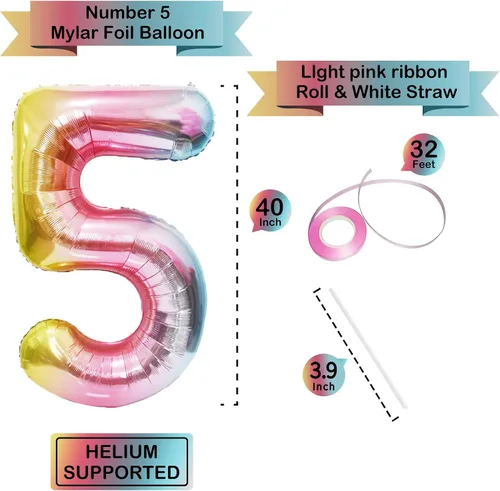 Miniatura 2 de Globos gigantes de 40 pulgadas con el número 5 del arco iris, globos de cumpleaños, globos grandes de papel de aluminio Mylar con helio