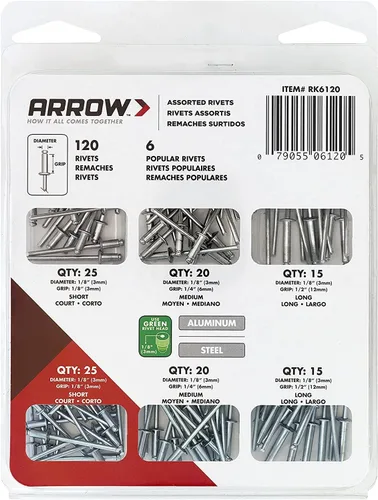 Miniatura 7 de Arrow RK6120 - Kit surtido de remaches para metal, tela, cuero y reparación de automóviles, aluminio y acero, 18 pulgadas, paquete de 120
