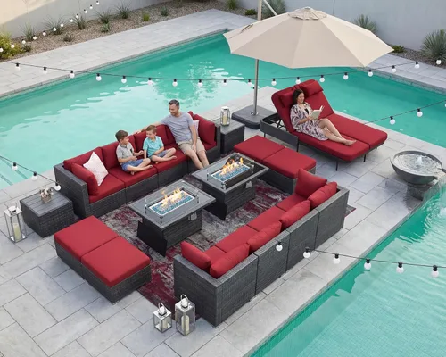 Miniatura 82 de NICESOUL Juego de muebles de patio para exteriores de 7 piezas con mesa para hoguera, gas natural y propano convertible, respaldo alto de 29.3
