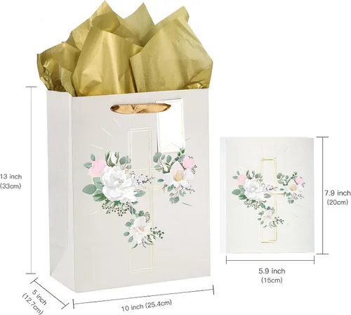 Miniatura 2 de LeZakaa Bolsa de regalo de cruz de 13 pulgadas con diseño de flores, bolsa de regalo cristiana plateada con papel de seda, etiqueta de regalo y Cruz