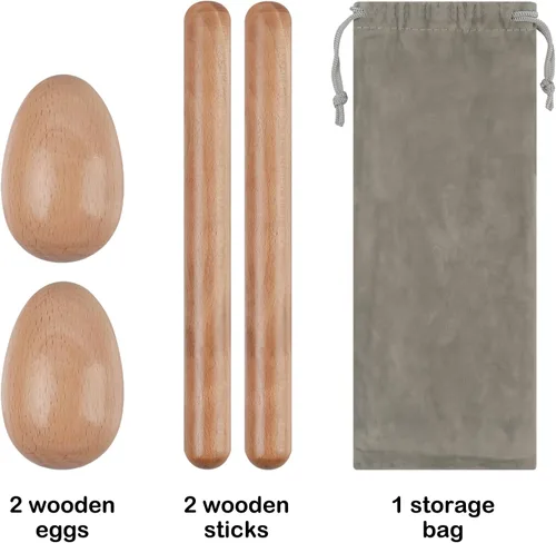 Miniatura 2 de Instrumentos de percusión de madera, 1 par de baquetas de ritmo de 8 pulgadas, 1 par de maracas de madera y 1 bolsa de almacenamiento para regalos
