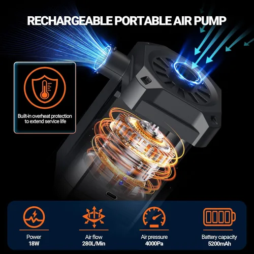 Miniatura 2 de Preciva Bomba de aire eléctrica para inflables, bomba de aire portátil de 4 kPa con 3 boquillas, batería recargable de 5200 mAh, carga rápida USB