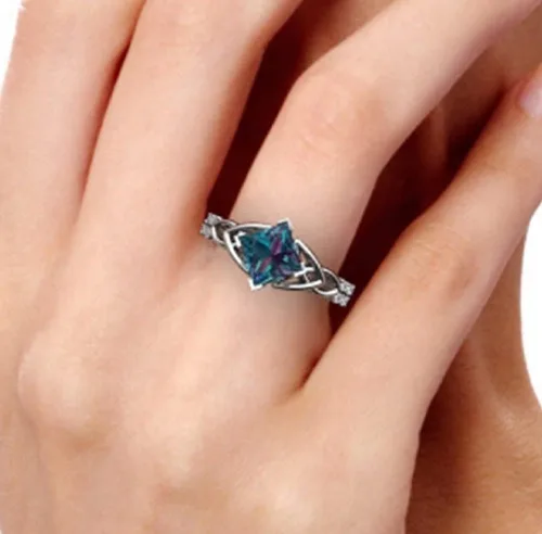 Miniatura 5 de Awmnjtmgpw - Anillo de compromiso de boda para mujer, plata de ley 925, corte celta, topacio arcoíris, circonita cúbica, topacio azul, talla 6-10