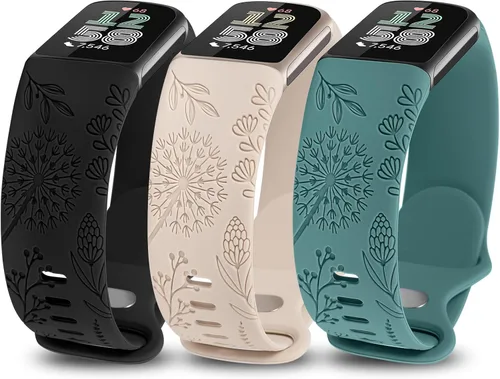 Miniatura 7 de Minyee Paquete de 3 bandas grabadas florales compatibles con Fitbit Charge 6 bandas/Fitbit Charge 5 bandas para mujer, lindo diseño de flores