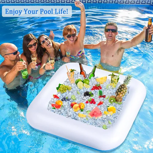 Miniatura 5 de Mesa de juego inflable para piscina con cartas impermeables (35.5 x 35.5 pulgadas, azul/blanco)