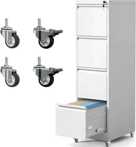 Miniatura 11 de Archivador de 4 cajones con ruedas, archivador de metal con cerradura y ruedas, almacenamiento rodante para oficina en casa, archivadores verticales