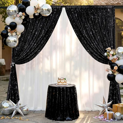 Miniatura 8 de Cortinas de Fondo Negras con Lentejuelas para Fiestas 2 Piezas 2 pies x 8 pies, Cortina de Fondo para Fiestas, Telón de Fondo para Fotografías sin
