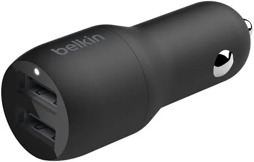 Belkin Cargador USB dual para automóvil de 24 W, 2 puertos USB-A de 12 W con cable Lightning, carga rápida para iPhone de Apple, Samsung Galaxy,