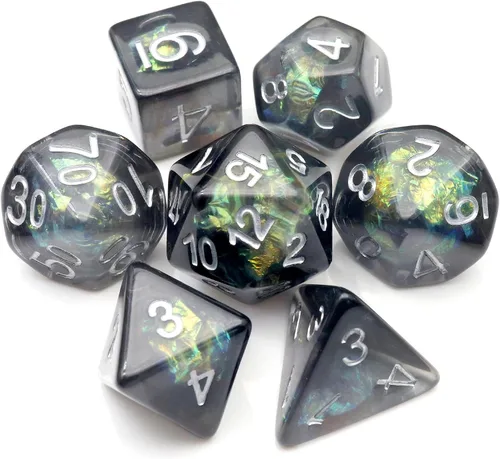 Haxtec DND Conjunto de Dados 7 Piezas Conjunto de Dados de Resina Negro con Inclusión de Mylar Iridiscente Dados Poliédricos D&D para Juegos de