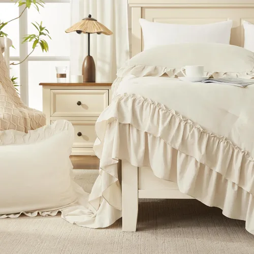 Miniatura 6 de Andency Juego de edredón beige tamaño individual, juego de ropa de cama y colecciones de 2 piezas, bohemio, ligero, esponjoso, con volantes