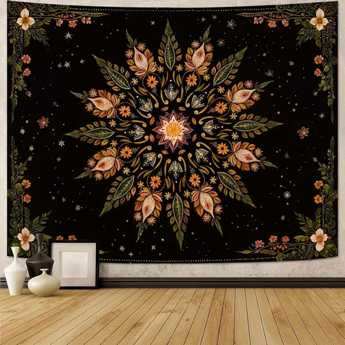 Miniatura 41 de Fowocu Tapiz bohemio con mandala floral para colgar en la pared, medallón de flores bohemias, tapiz estético, beige, naranja, hippie, indio, pequeño