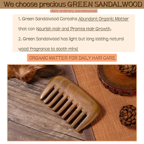 Miniatura 3 de Peine de madera, peine de madera de dientes anchos para mujeres, masaje y distribución de aceites para el cuero cabelludo, sándalo verde No