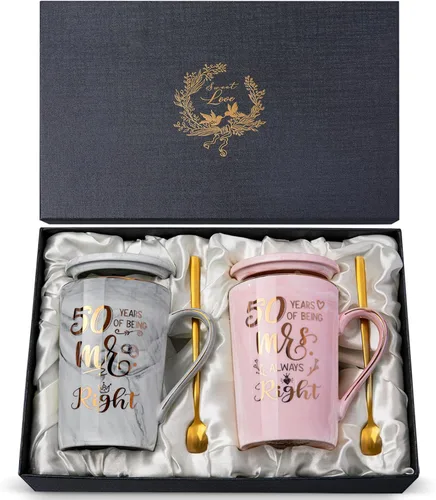 Biching 50 aniversario de boda para parejas, tazas doradas del 50 aniversario para padres, abuelos, tazas de 14 onzas con cucharas, tapas, tarjeta