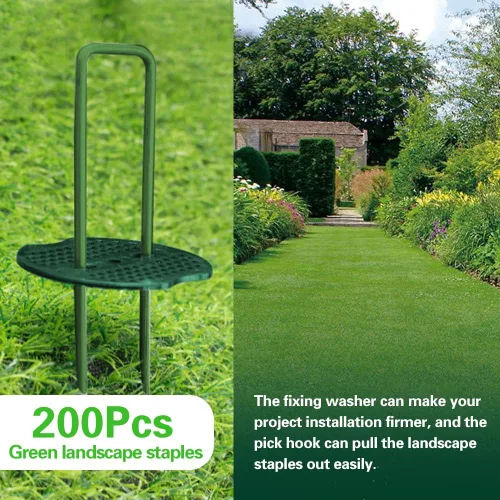 Miniatura 3 de Bakulyor 200 piezas de grapas para césped artificial verde + 200 piezas de arandelas de búfer, grapas de 15 cm calibre 11 para paisaje, puntas