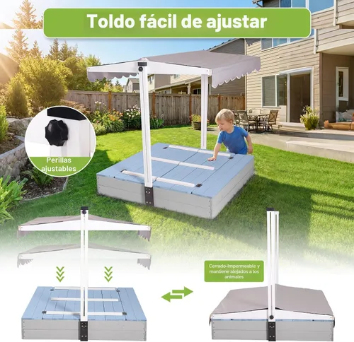 Miniatura 3 de Caja de arena de madera para niños con toldo, 2 asientos de banco plegables, forro retráctil de protección de arena para techo de 47 x 47 pulgadas