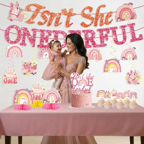 Miniatura 5 de 35 decoraciones de cumpleaños con texto en inglés "Isn't She Onederful", decoraciones de primer cumpleaños para niñas, fácil instalación, incluye