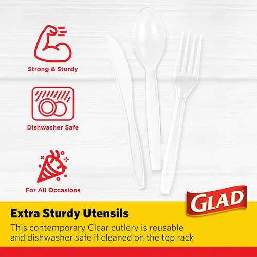 Miniatura 3 de Glad Cubiertos de plástico surtidos de alta calidad, tenedores, cuchillos y cucharas transparentes extra resistentes, juego de 150 piezas