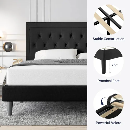 Miniatura 5 de Allewie Base de cama tapizada de tamaño matrimonial con cabecera ajustable, botón acolchonado, soporte de listones de madera, fácil montaje