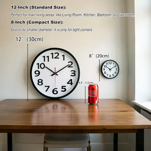 Miniatura 5 de Reloj de pared silencioso de 12 pulgadas, sin tictac, números grandes, fácil de leer, relojes de pared decorativos para oficina, escuela, 2-Negro
