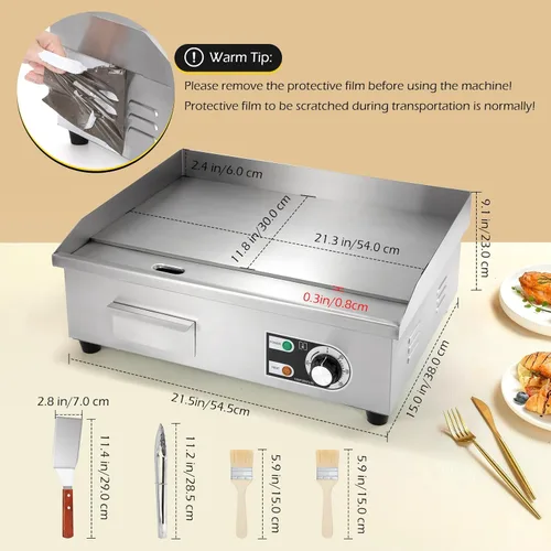 Miniatura 5 de Dyna-Living Plancha eléctrica comercial de 22 pulgadas, parrilla superior plana de 3000 W, plancha eléctrica de acero inoxidable, antiadherente