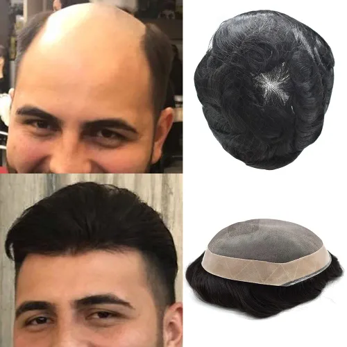 Miniatura 8 de Toupee - Piezas de cabello humano para hombre, tupé, sistemas de reemplazo de cabello real natural para hombres, mono fino duradero con NPU