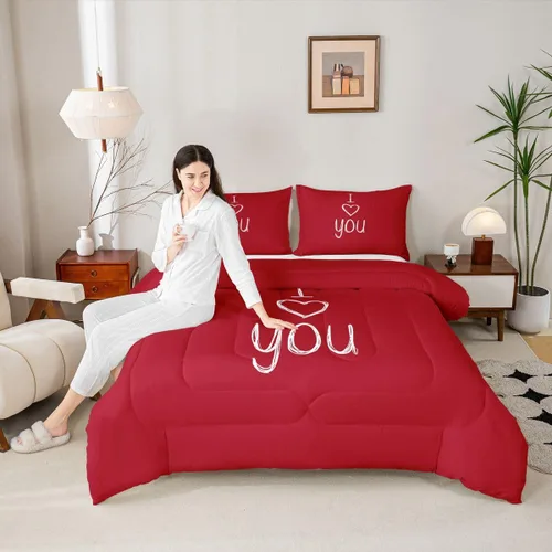 Miniatura 4 de Juego de edredón de San Valentín para parejas, juegos de ropa de cama rojo y blanco para niños, niñas, adolescentes, con texto en inglés "I Love