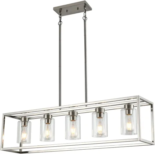 XILICON - Lámpara colgante de comedor estilo granja de níquel cepillado, 5 luces, moderna, lámpara colgante contemporánea con pantalla de cristal