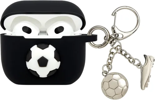 Wonhibo Funda para Airpod de 3ª generación para hombres y niños, funda de silicona negra de fútbol 3D para Airpods 3 Gen 2021 con llavero