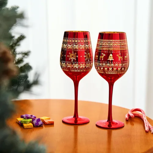 Miniatura 4 de Copas de cristal para vino y agua para árbol de Navidad, juego de 2 unidades, diseño temático rojo y dorado grabado con nieve de invierno, vidrio
