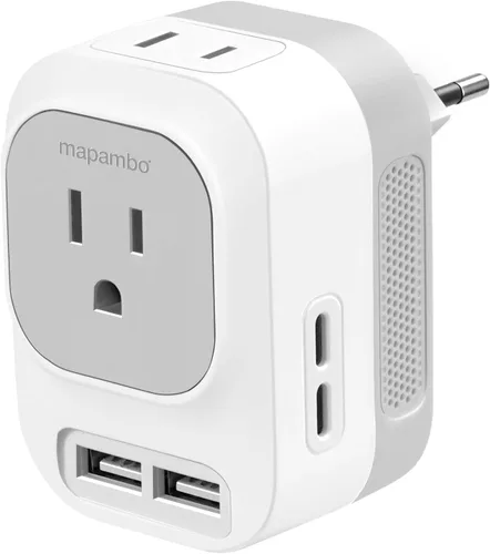 Convertidor de voltaje de 220 V a 110 V de EE. UU. a Europa con 2 puertos USB A y 2 puertos USB C de carga rápida, convertidor de corriente para