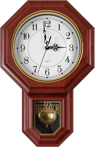 Miniatura 9 de Reloj de pared de péndulo que funciona con pilas, reloj regulador de plástico de imitación de madera con péndulo, relojes de pared decorativos