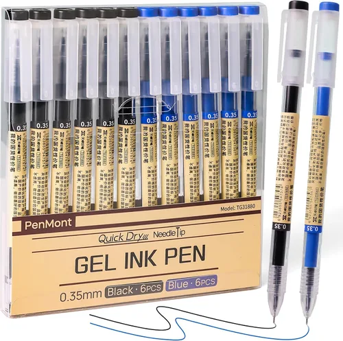 Bolígrafos de Gel de Secado Rápido, Estilo Japonés, Punta Extra Fina de 0.35mm, Escritura Precisa y Suave, Paquete de 12 Unidades (6 Negros + 6
