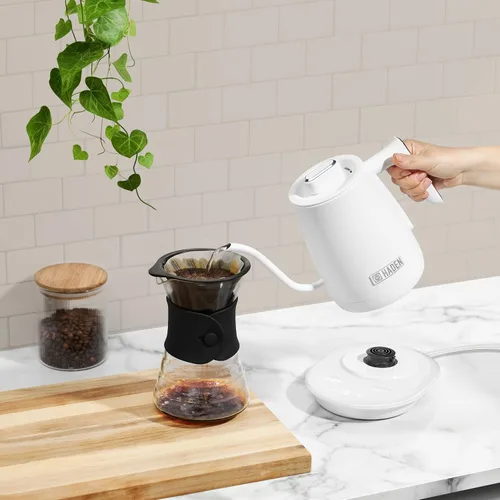 Miniatura 3 de Haden Hervidor eléctrico de acero inoxidable de 0.6 litros, hervidor de agua caliente con cuello de cisne con base de 360 grados y apagado