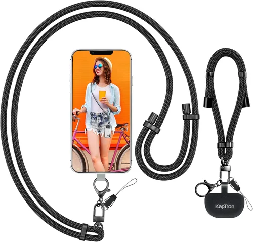 Kaptron 2 cordones para teléfono celular: correa universal ajustable para teléfono y correa de muñeca, con 2 clips de langosta y 2 parches de Negro