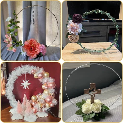 Miniatura 5 de YALLOVE 10 piezas de centro de mesa de aro floral de 12 pulgadas, soporte de anillo de corona de metal plateado con base acrílica transparente