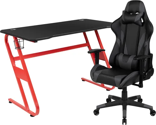 Miniatura 44 de Flash Furniture Juego de escritorio para juegos negro y silla de carreras blanco/negro con soporte para tazas, gancho para auriculares y soporte