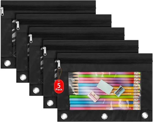 IKAYAS Paquete de 5 bolsas negras para lápices de 3 anillos con cremallera a granel, 3 bolsas de lápices para carpetas de anillos, estuche para
