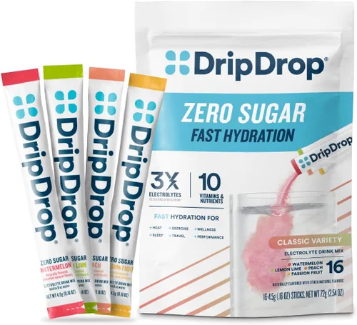 DripDrop Paquetes de Hidratación Sin Azúcar - Paquete de Variedad Zero Classic - Mezcla de Bebida en Polvo de Electrolitos de Porción Individual -