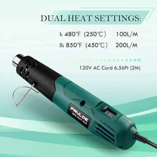 Miniatura 2 de PRULDE - Mini pistola de calor para manualidades, 2 ajustes de temperatura, 480 ℉ y 850 ℉ pistola de calor rápido con cable UL de 6.6 pies/boquilla