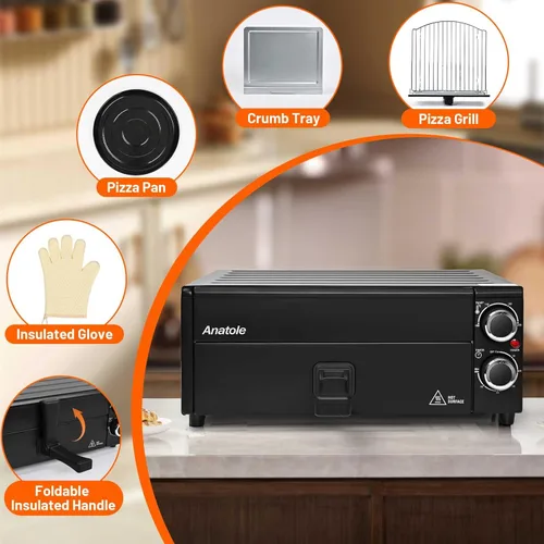 Miniatura 5 de Anatole Horno de pizza eléctrico de 12" y 1800W para interiores, en encimera, para hacer pizza, con tiempo y temperatura ajustables