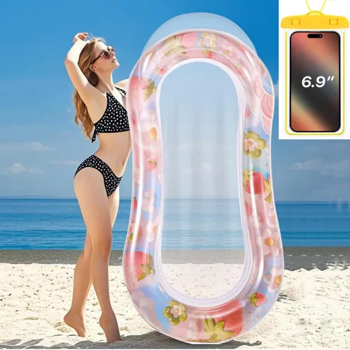 Tumbona inflable para piscina con malla, hamaca de natación para adultos, diseño transparente de sandía/fresas, reposacabezas integrado, relleno de