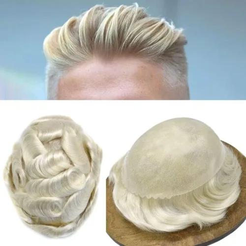 Miniatura 35 de Toupee para hombres de piel fina inyección de PU unidad de peluca para hombre, pieza de cabello humano natural real, sistema de repuesto
